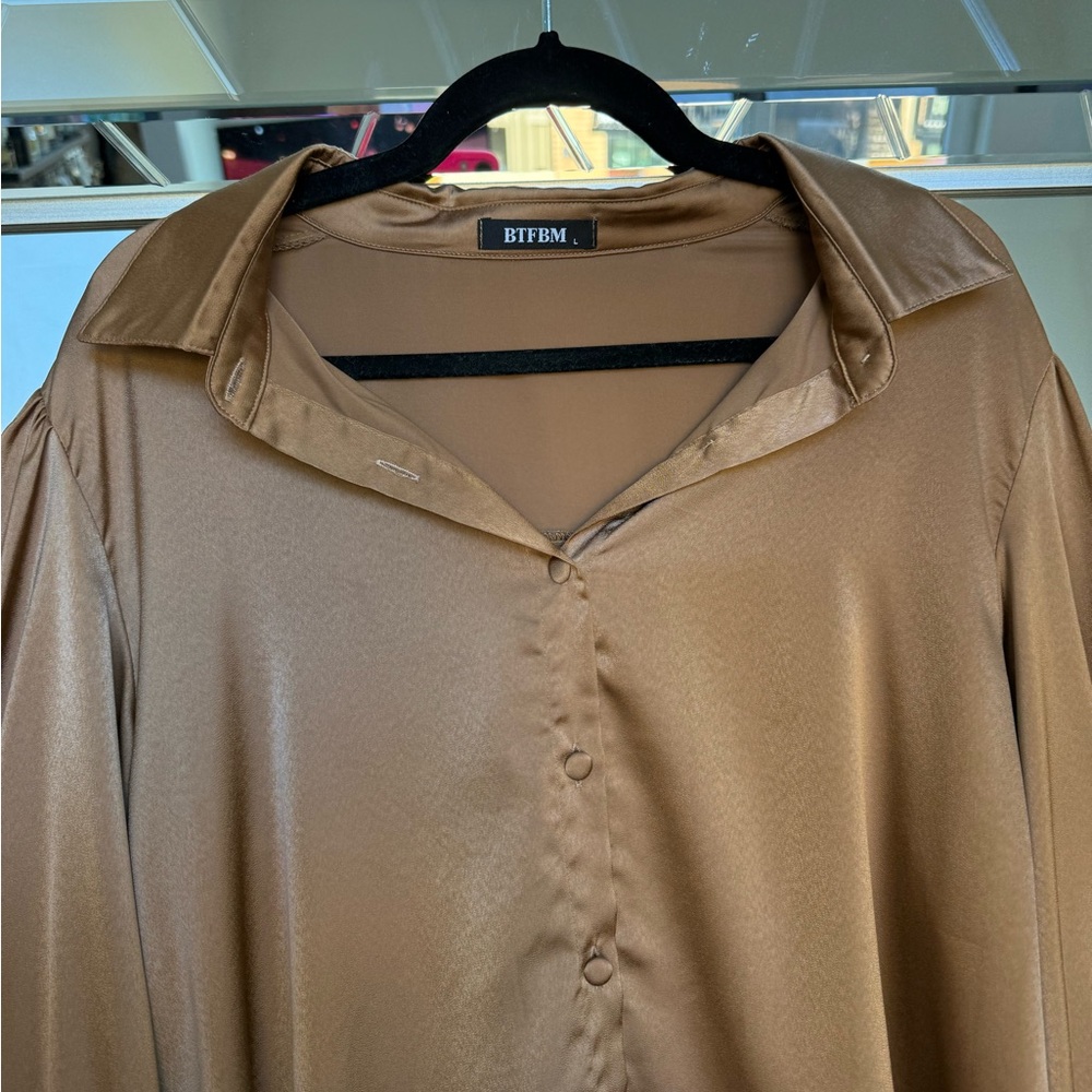 5/$25 - BTFBM | Bronze Satin Button Down Blouse - Picture 3 of 5